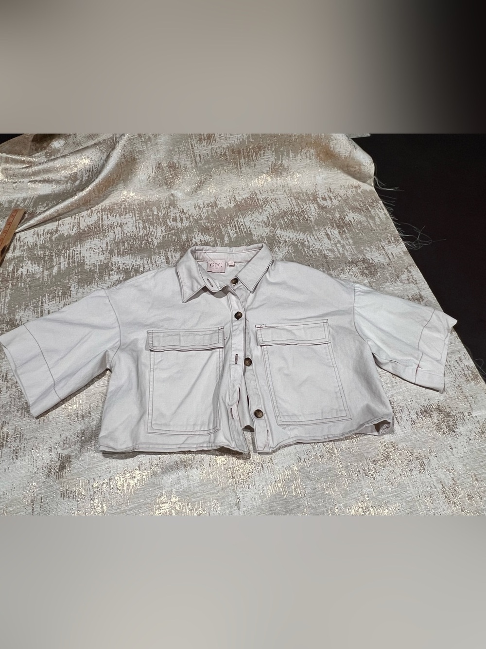 Good Luck Gem White Cropped Button-Up Shirt Jacket w/ Pockets Woven Cotton M